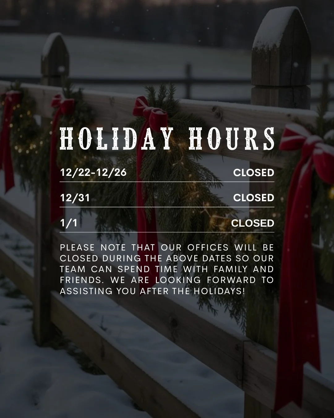 Holiday hours 🤠 Our offices will be closed 12/22&ndash;12/26, 12/31, and 1/1 so our team can spend time with family and friends. We look forward to assisting you after the holidays! 🌲⁠
⁠
#Kowboy #KowboyUp #KowboyFence #NashvilleTN #JacksonTN #Memph
