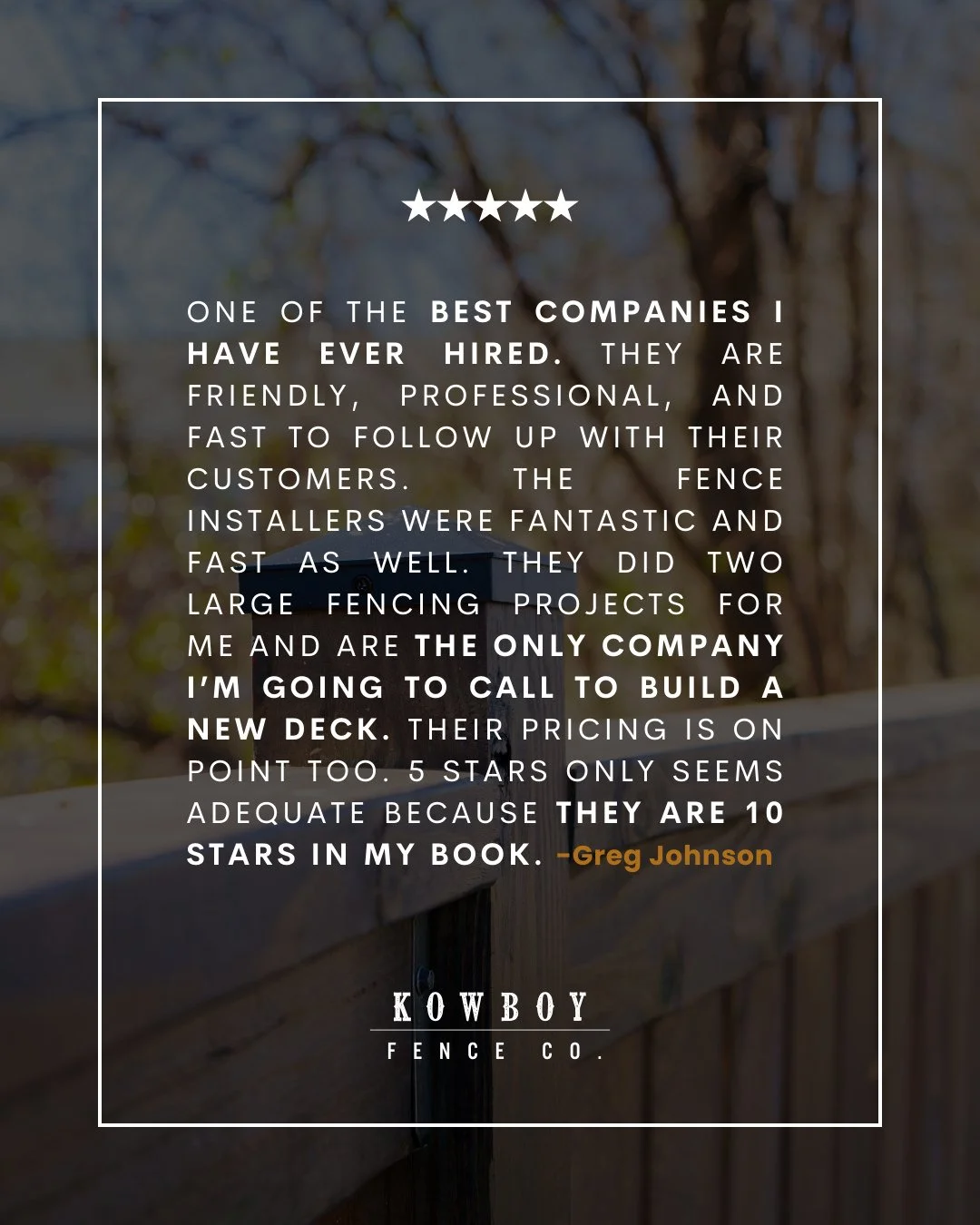 &ldquo;5 stars only seems adequate because they are 10 stars in my book.&rdquo;⁠
⁠
That&rsquo;s the standard we hold ourselves to. Friendly. Professional. Fast.⁠
From fencing projects to decks, our goal is simple. Deliver quality work and a smooth ex