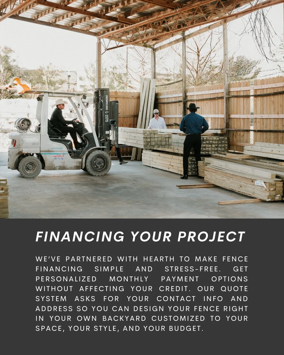 Big projects don&rsquo;t have to mean big stress! We&rsquo;ve partnered with Hearth to offer flexible financing options so you can build the fence you want without putting your plans on hold. 🤠⁠
⁠
If you're ready to learn more, head to the link in o