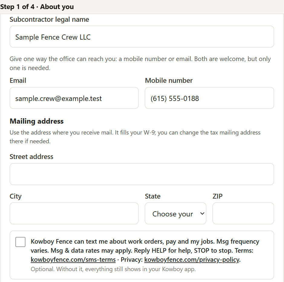 Subcontractors: the optional “OK to text me” box in our sign-up packet (sample with a made-up crew).