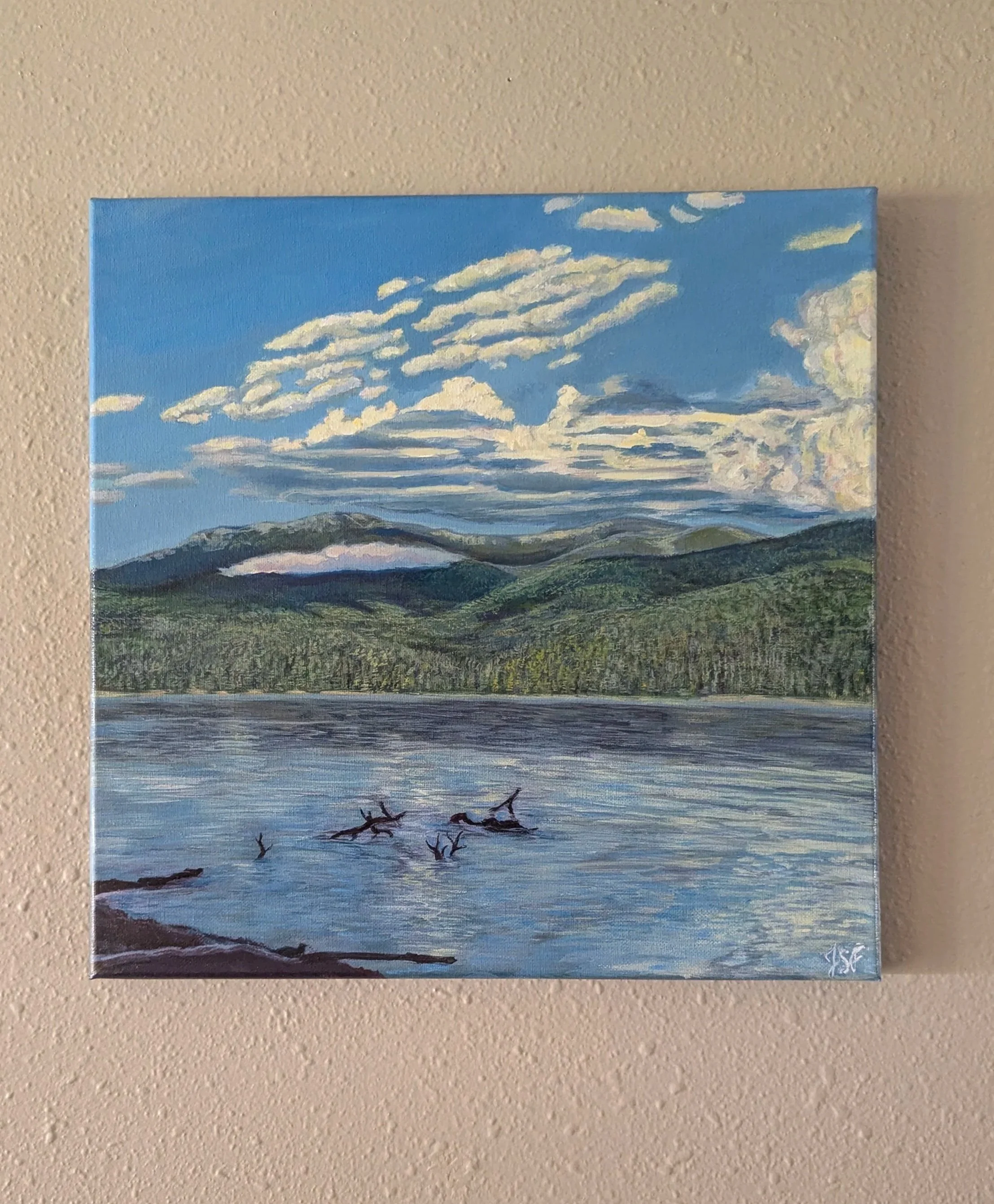 Acrylic painting of Priest Lake, Idaho on a summer afternoon, as seen from the shore of Kalispell Island. A cloudy sky reflects on the lake and casts shadows on forested hills across the water.