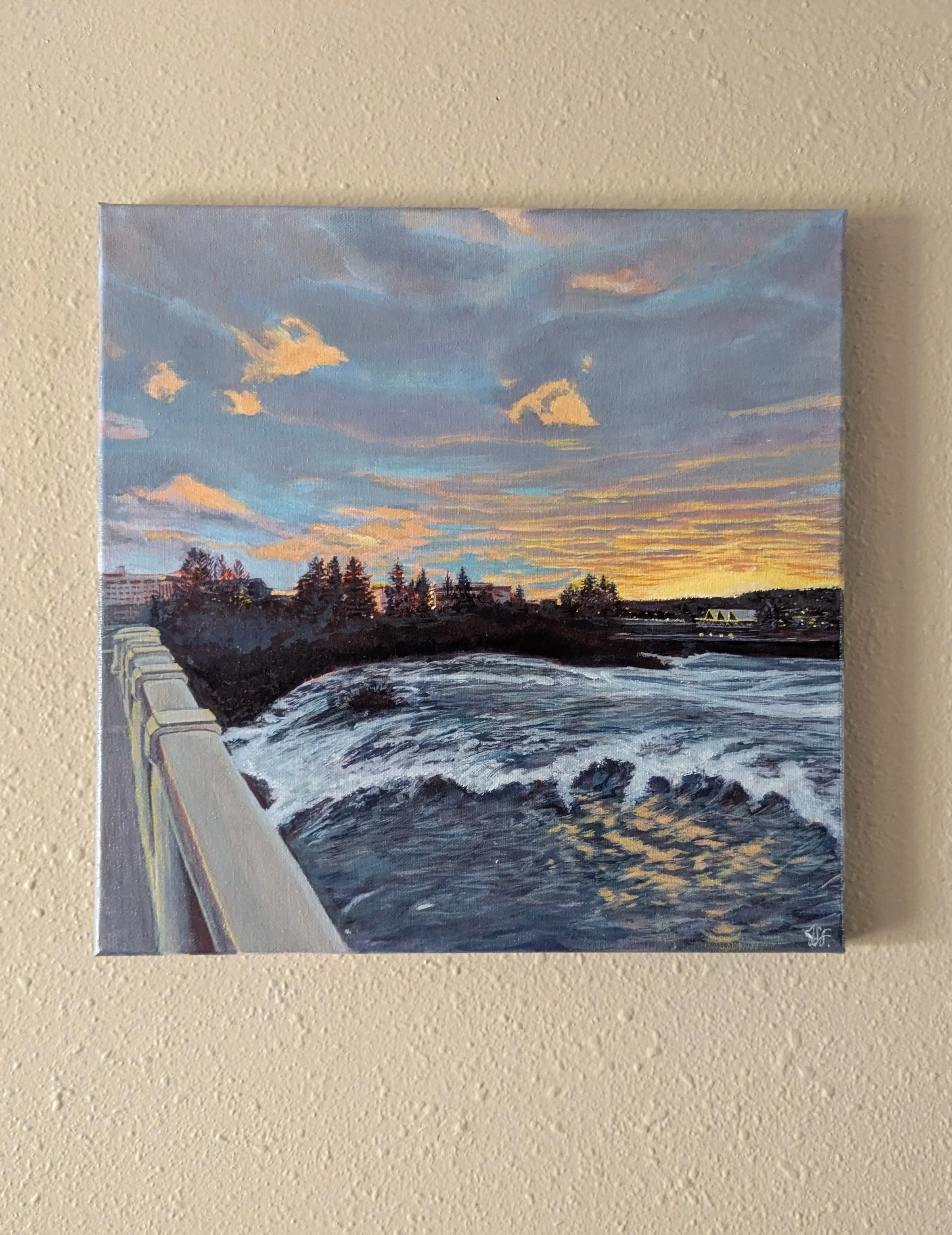 Acrylic painting of the Spokane River at sunset, as seen from a walking bridge in Riverfront Park, looking toward a bend in the river before the falls. Anthony's seafood restaurant can be seen in the distance, lit up above the water.
