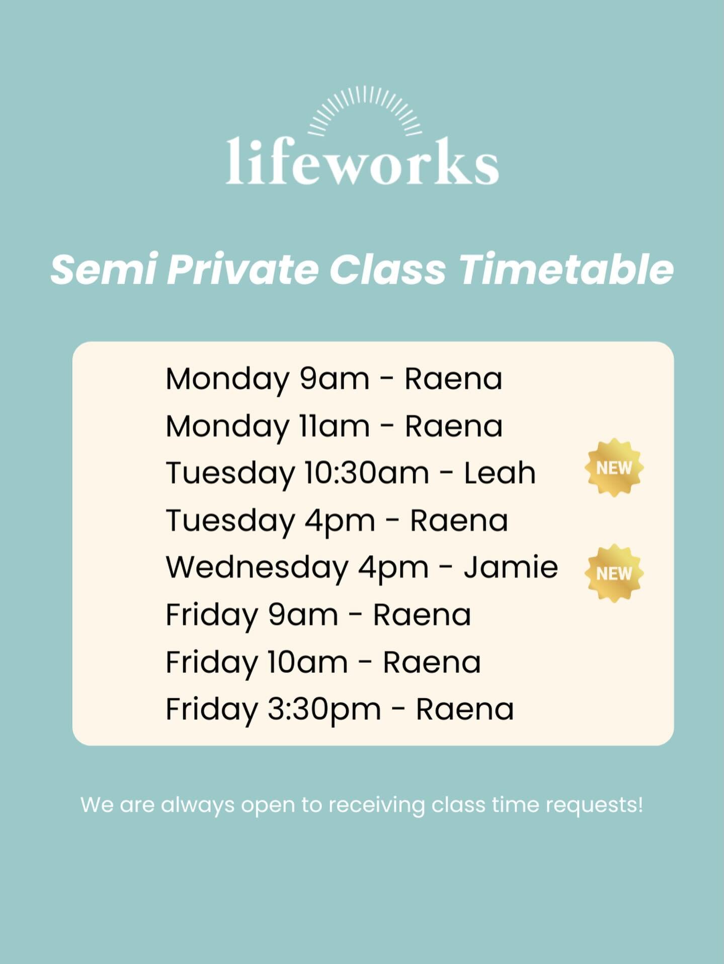 Our updated Semi Private timetable! 

If you&rsquo;re struggling with chronic pain, mobility issues or recurring injuries- we&rsquo;re here to help! 

At Lifeworks, we will teach you practical tools for long term health all led by our highly skilled,