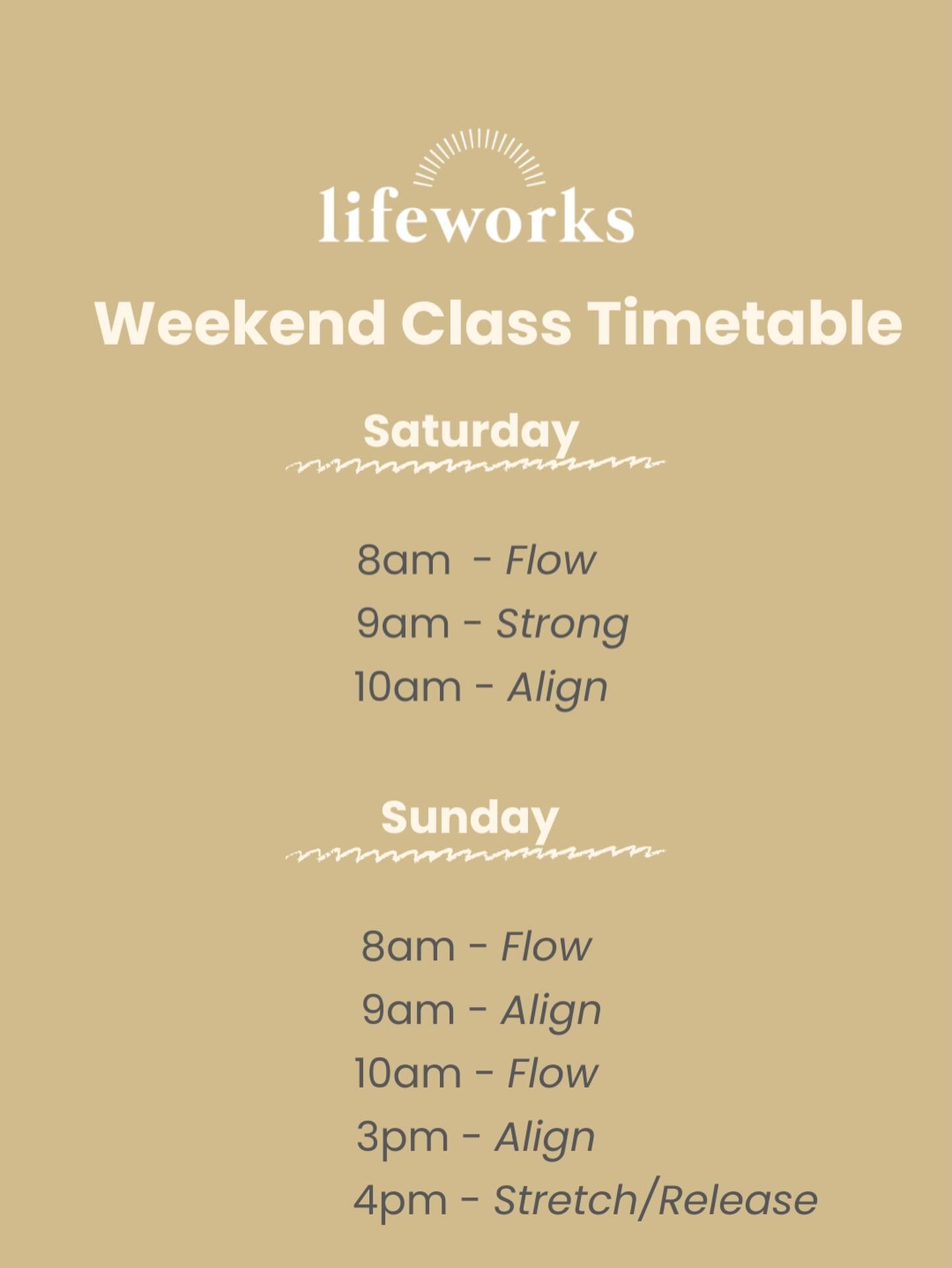 Weekend plans = movement, strength &amp; reset ✨
Join us at Lifeworks for Align, flow, strong &amp; Stretch/Release. See you in the studio soon! 
#lifeworkspilates #ballinabyron #wellbeing #pilates #northernrivers