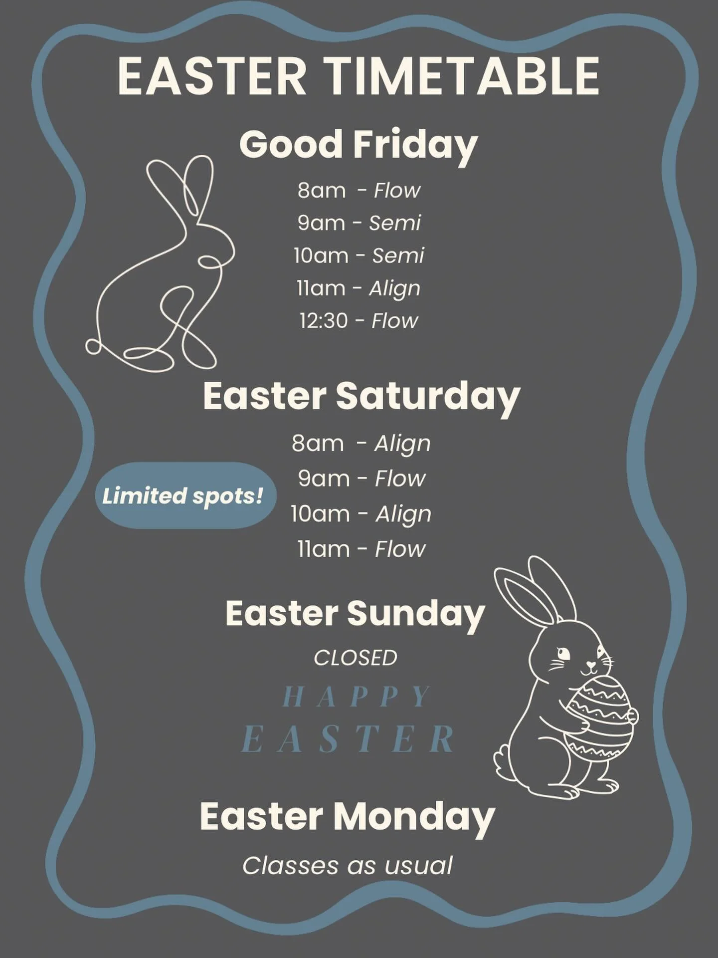 Spring schedule is here 🐰
Join us over the Easter weekend for special classes, take a well-deserved rest on Sunday, and we&rsquo;ll be back to normal on Monday ✨
Hop into your spot and book ahead - we can&rsquo;t wait to see you! 
#lifeworks #discov