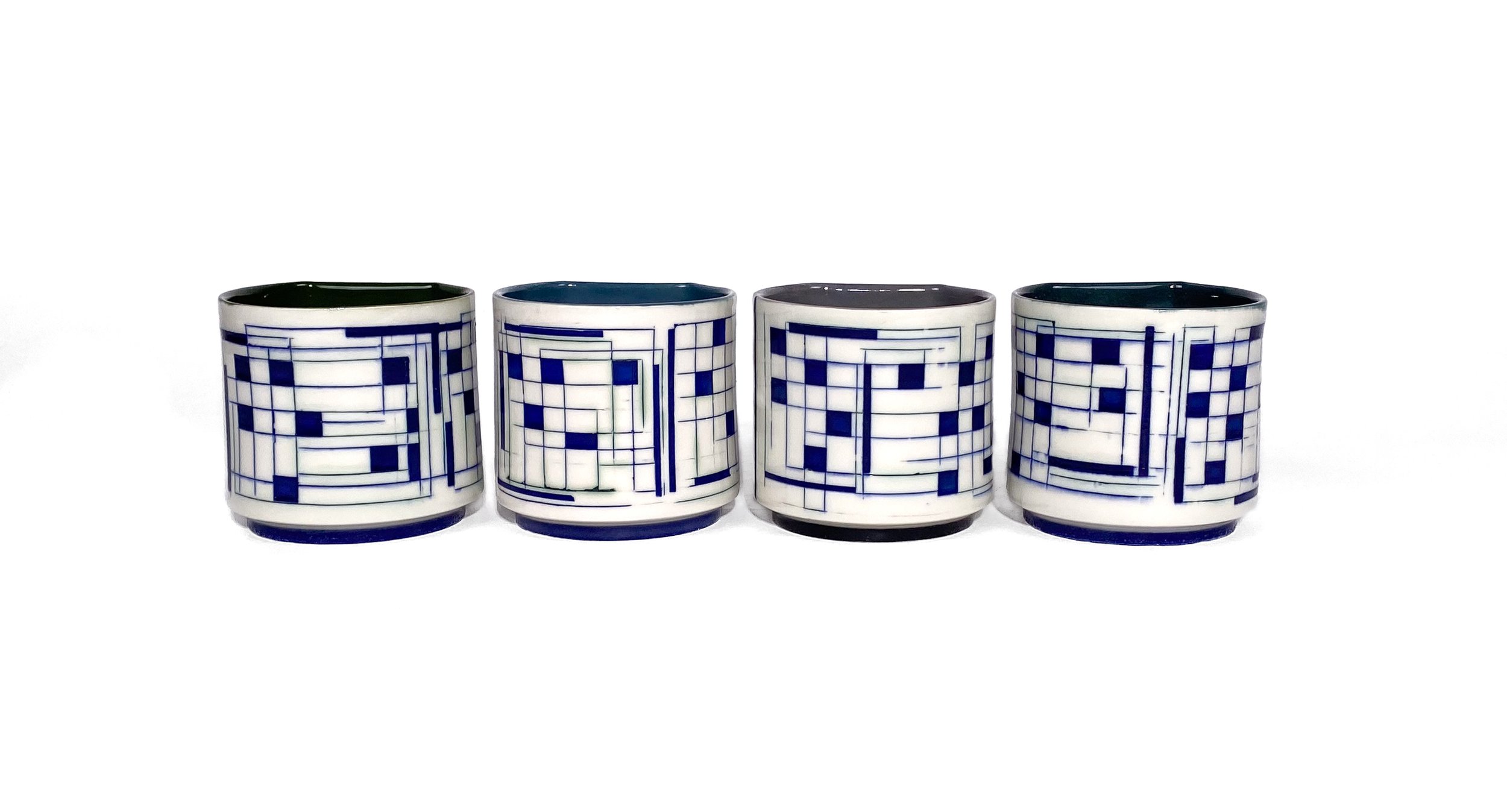 “Large Grid Yunomi Cups,” 2024. 3.5”H x 3.9”W.
3D printed prototype and modular mold process. Porcelain casting slip, colored slip,
Underglaze & glaze. Oxidation Fired to 5.