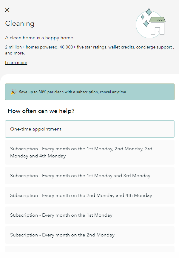 Amenify's cleaning service subscription options, allowing users to select a house cleaning service near me with customizable plans for regular cleaning appointments.