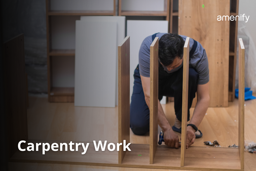 Handyman constructing wooden shelves in a living room.