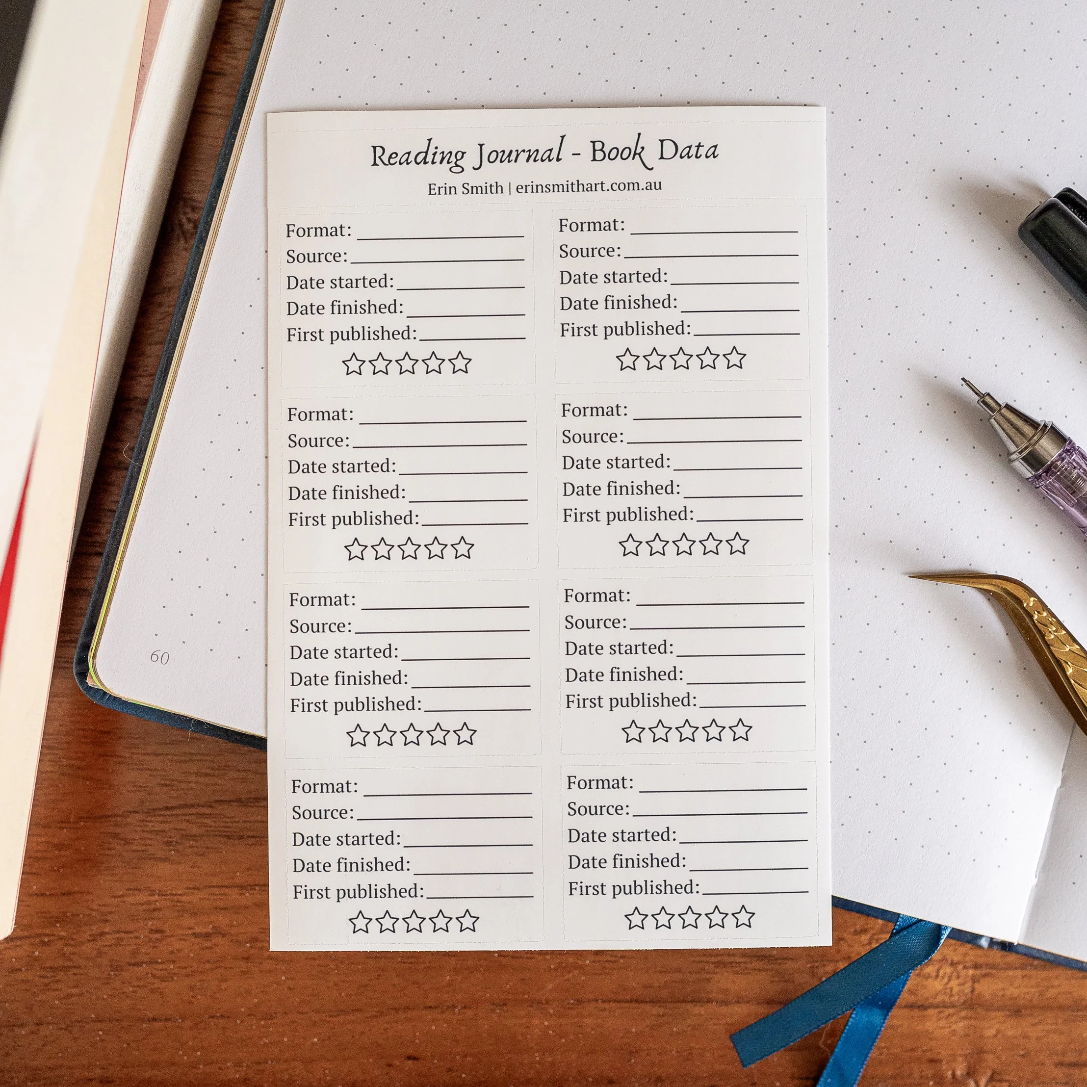 Reading Journal Book Review Data - Printable Sticker Sheet
