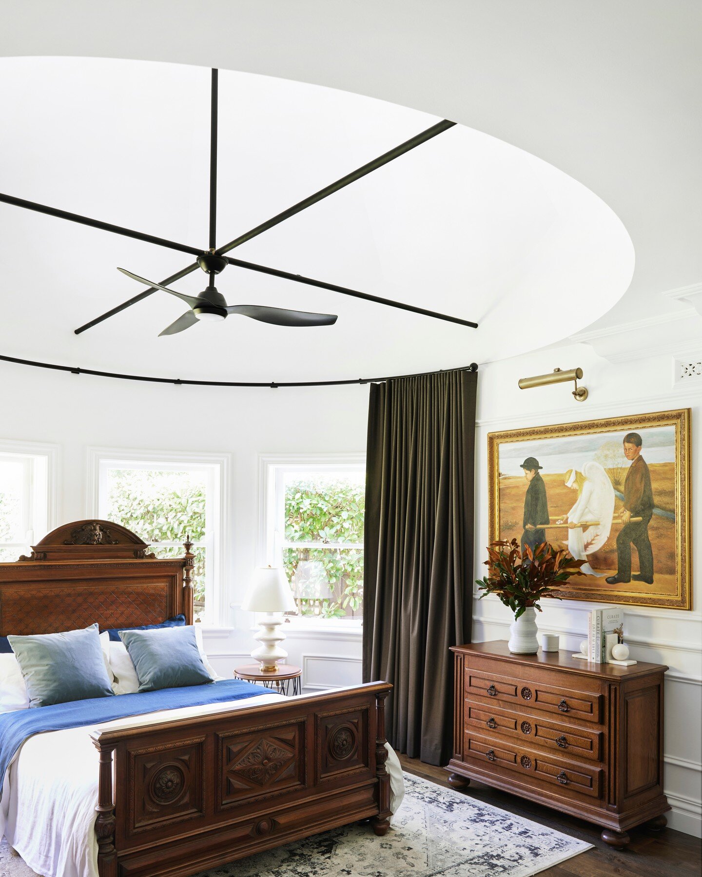 The Grand master bedroom at Roseville. You would think that the turret roof was existing with how seamlessly it blends with the new interiors. Tim, the talented builder constructed the turret structure which now brings volume, street appeal, and just