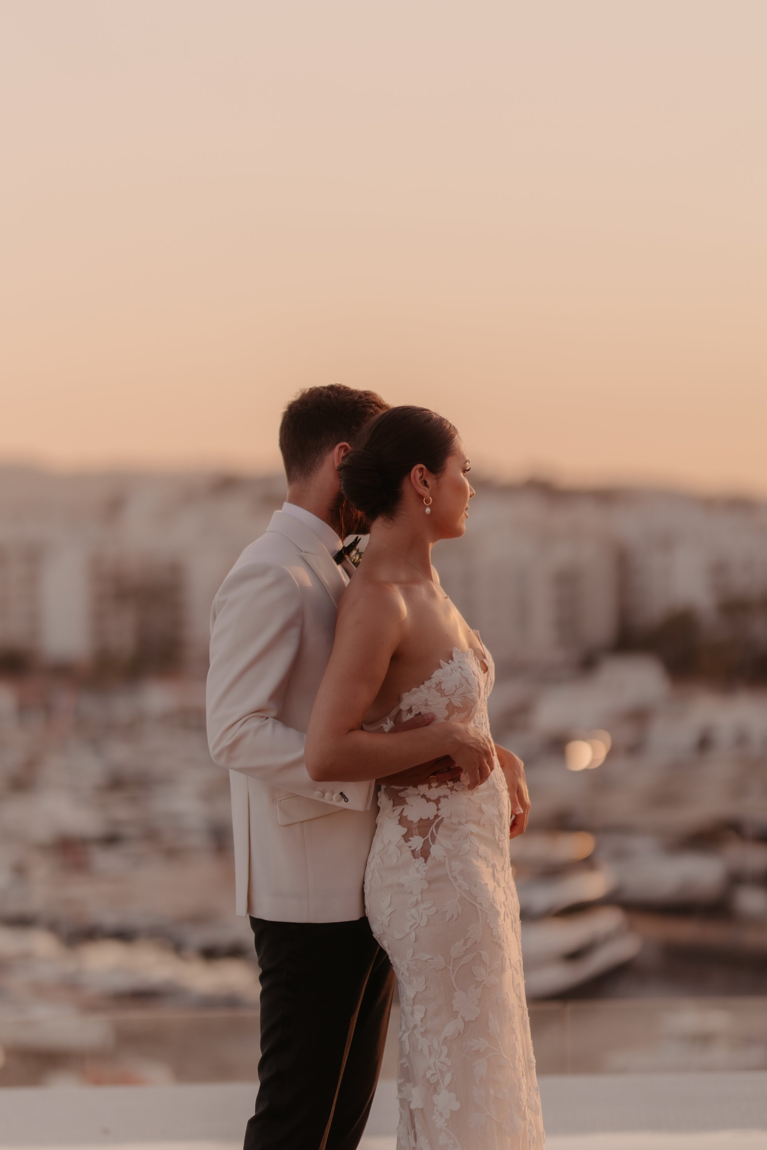 Ibiza wedding photographer bride and groom at sunset Aguas de Ibiza wedding