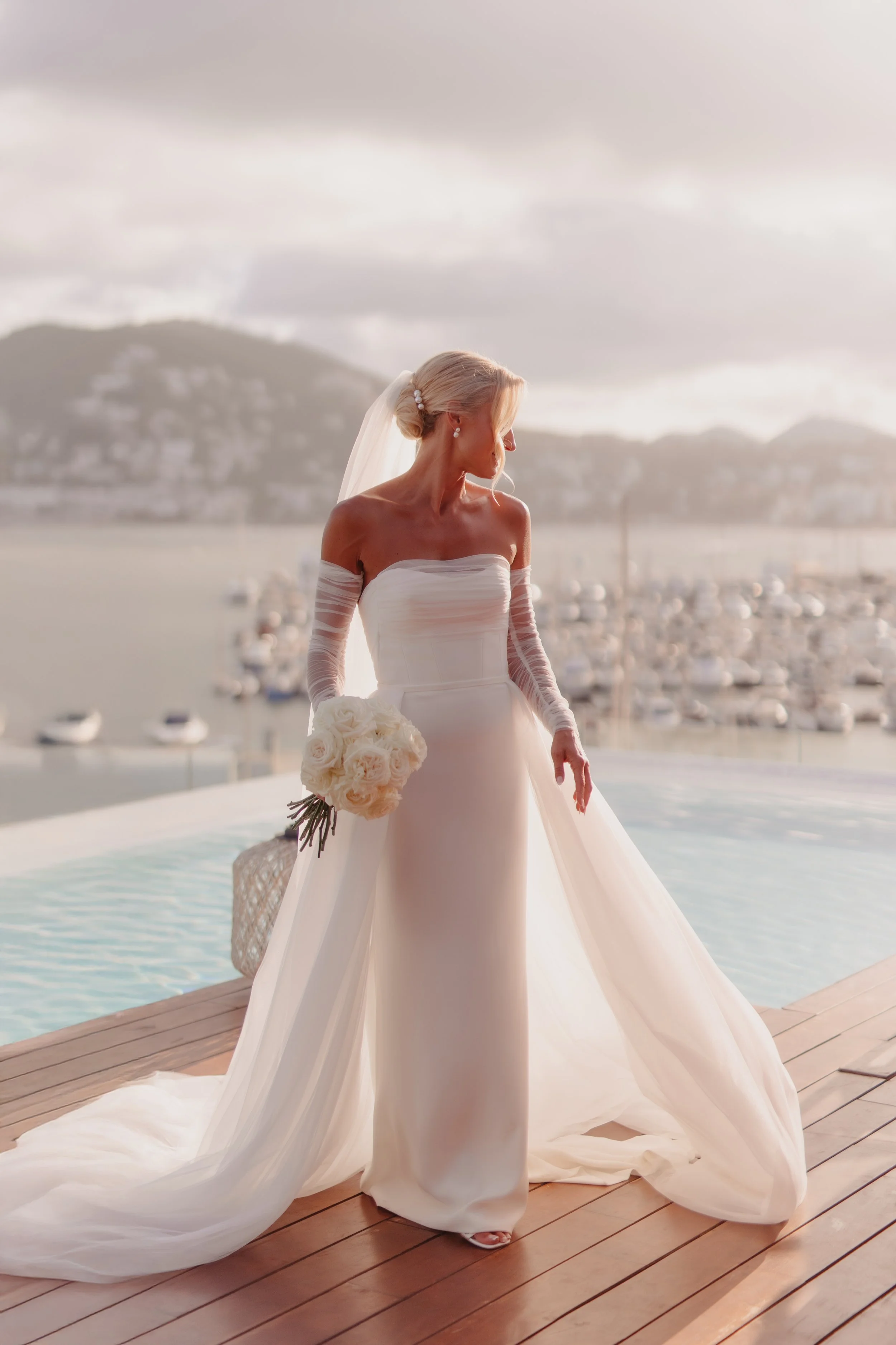 Ibiza wedding photographer rooftop bride portrait at Aguas de Ibiza