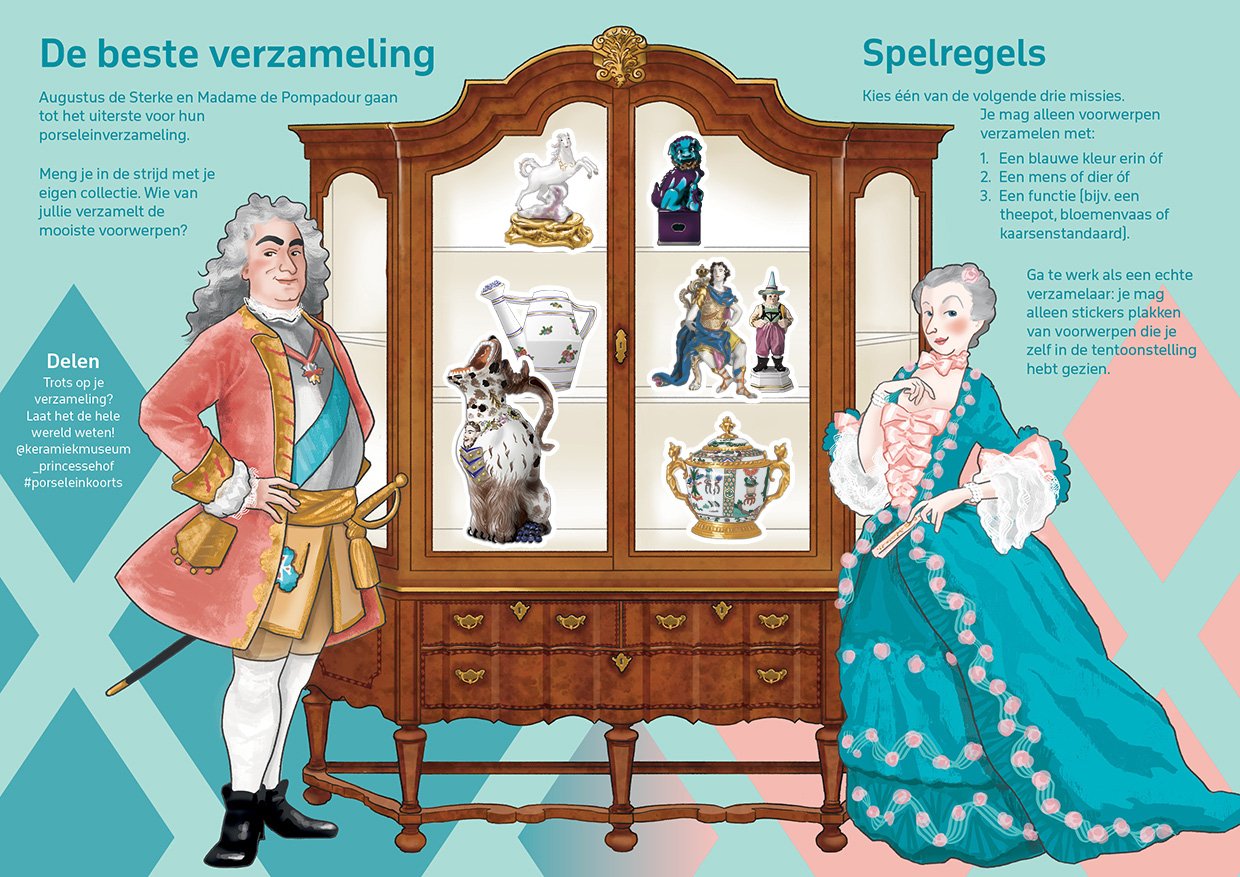 Illustraties en vormgeving van sticker speurtocht bij de tentoonstelling "Porseleinkoorts" in het Keramiekmuseum Princessehof