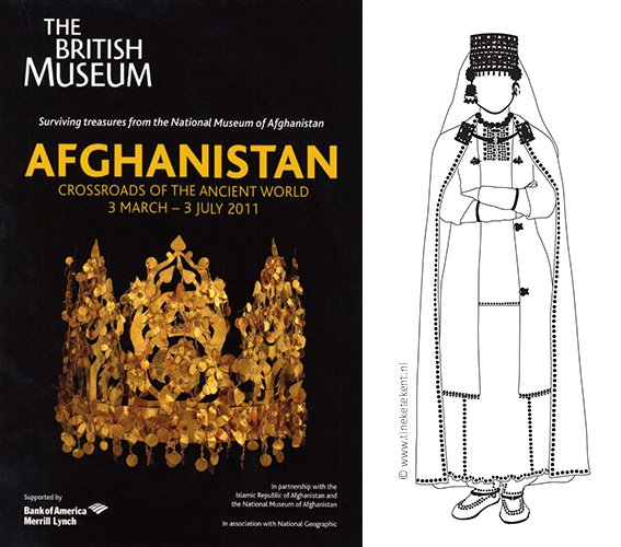 Reconstructietekeningen van de kleding gedragen door de overledenen in zes grafheuvels in Tillya Tepe, Afghanistan (1e eeuw BCE-1e eeuw CE), gemaakt voor de tentoontelling "Afghanistan: Crossroads of the Ancient World".