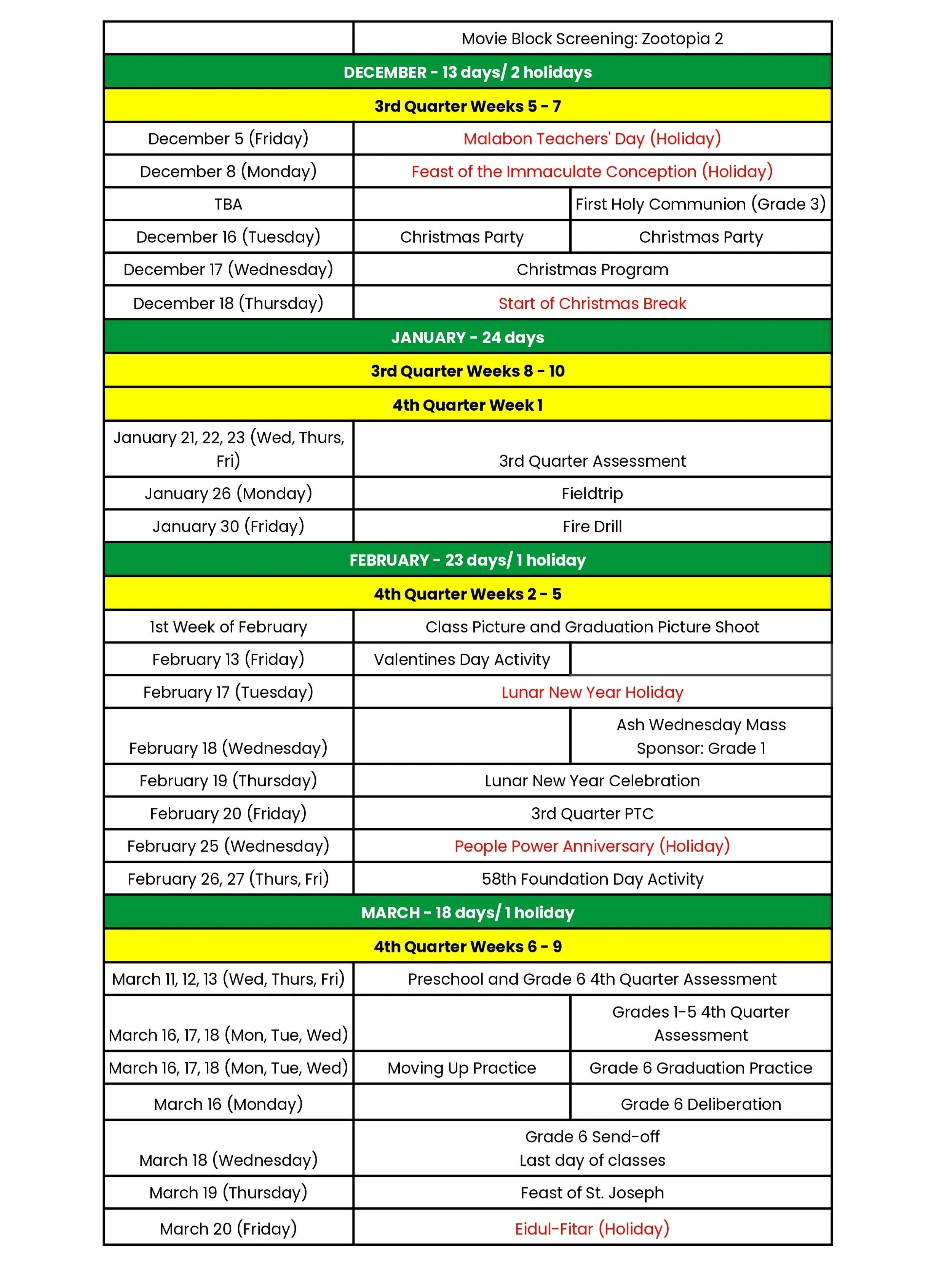 School calendar for December through March outlining important dates, holidays, and assessments, with color-coded sections for each month.