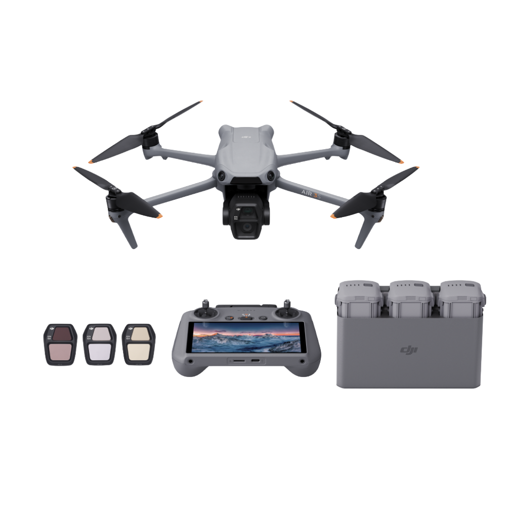 Drone with controller, extra batteries, and filters.