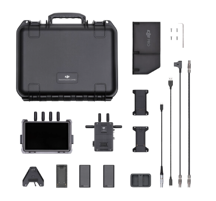Disassembled drone equipment including a carrying case, drone batteries, a remote controller, and various drone parts and accessories.