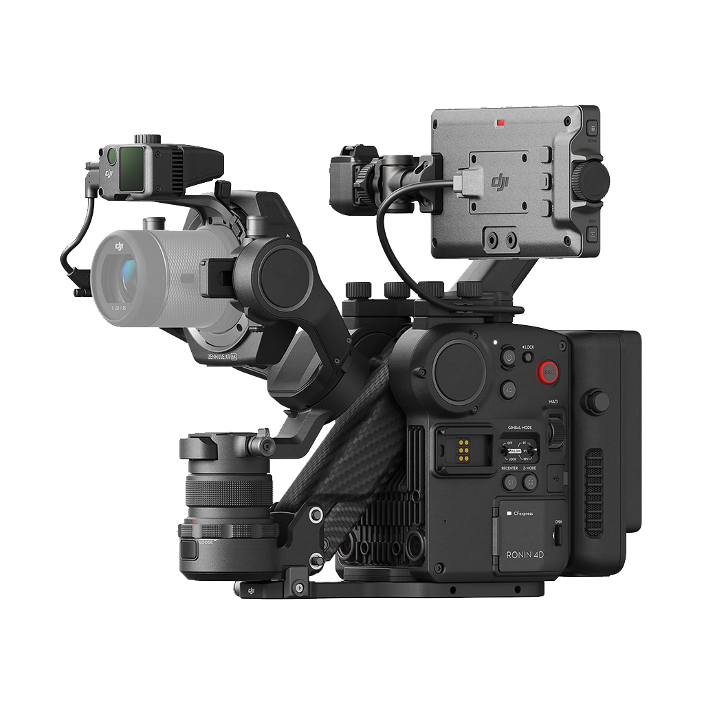 DJI Ronin 4D professional camera gimbal with camera mounted, featuring various control buttons, cables, and mounts for filming equipment.