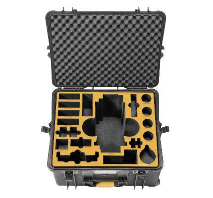 A protective equipment case with custom foam inserts for storing tools or equipment.