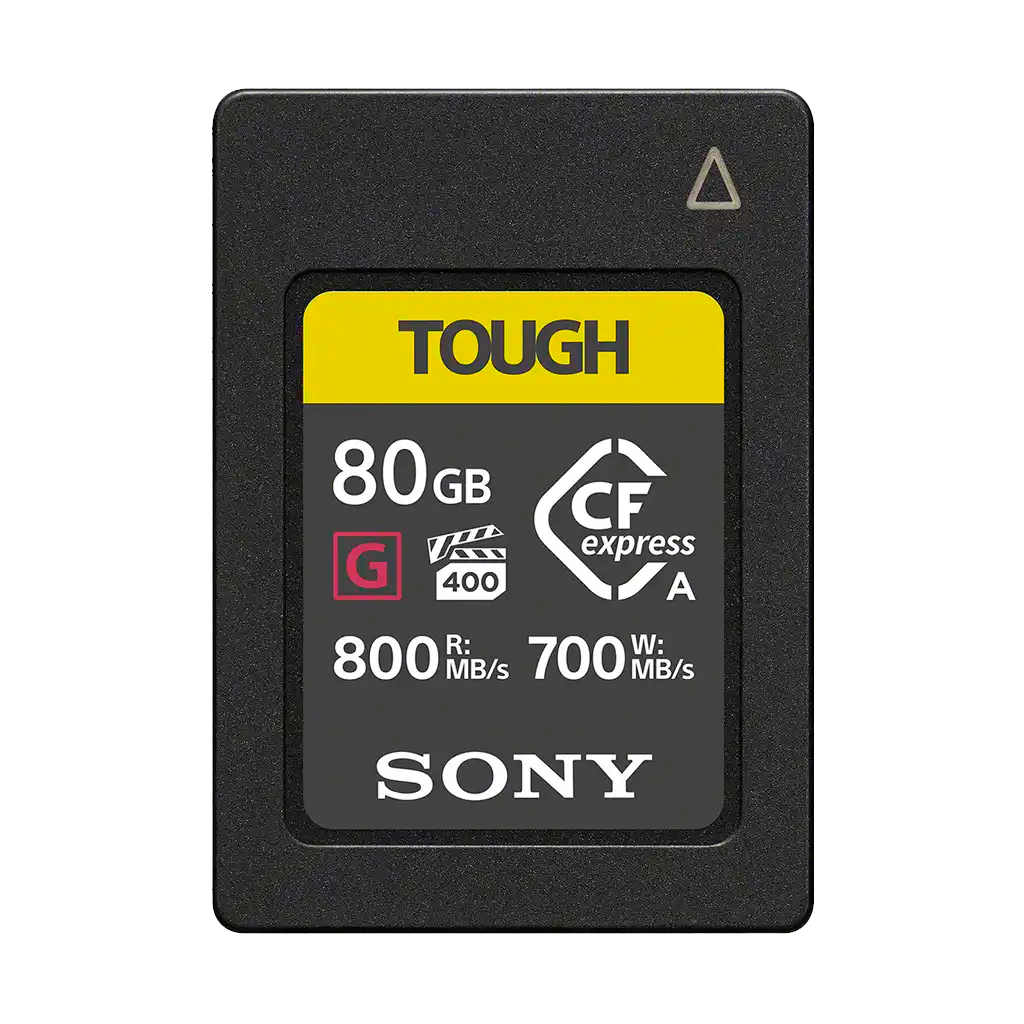A Sony 80GB Tough CFexpress memory card with 400x speed rating, capable of 800 MB/s read and 700 MB/s write speeds.