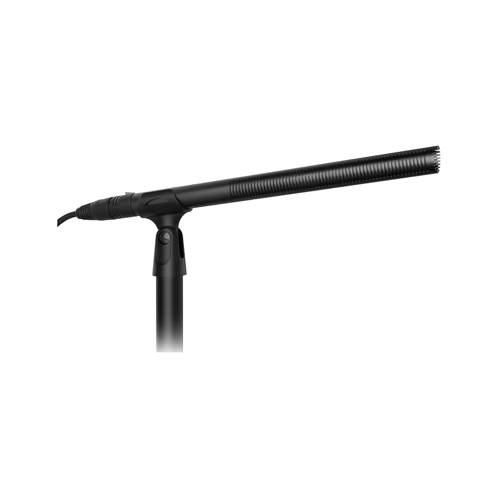 A black microphone on a stand, facing to the right.