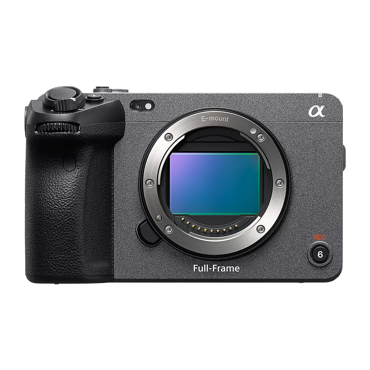 Sony full-frame mirrorless camera body without lens, featuring a textured grip, control dials, and electronic mount.
