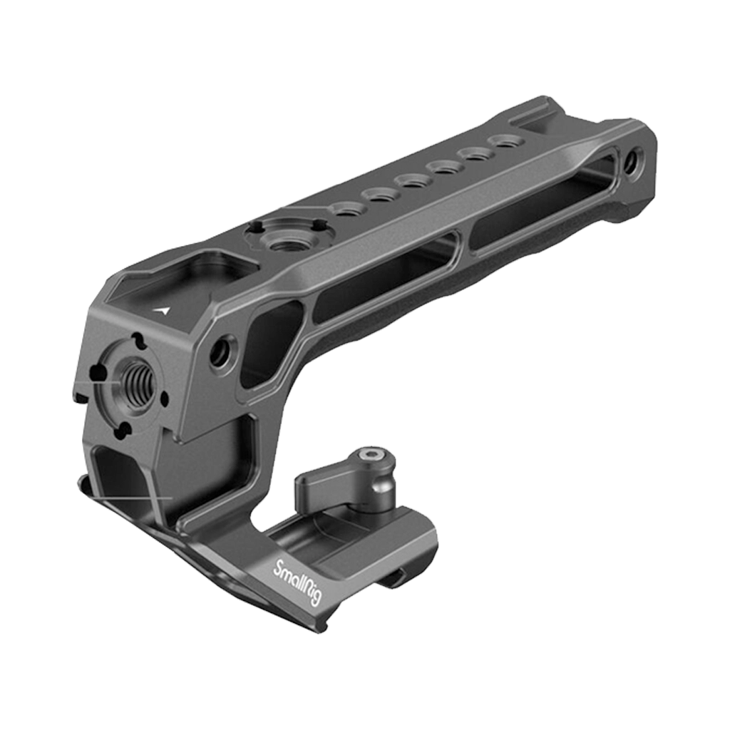 A SmallRig camera cage with mounting holes and a mounting plate.