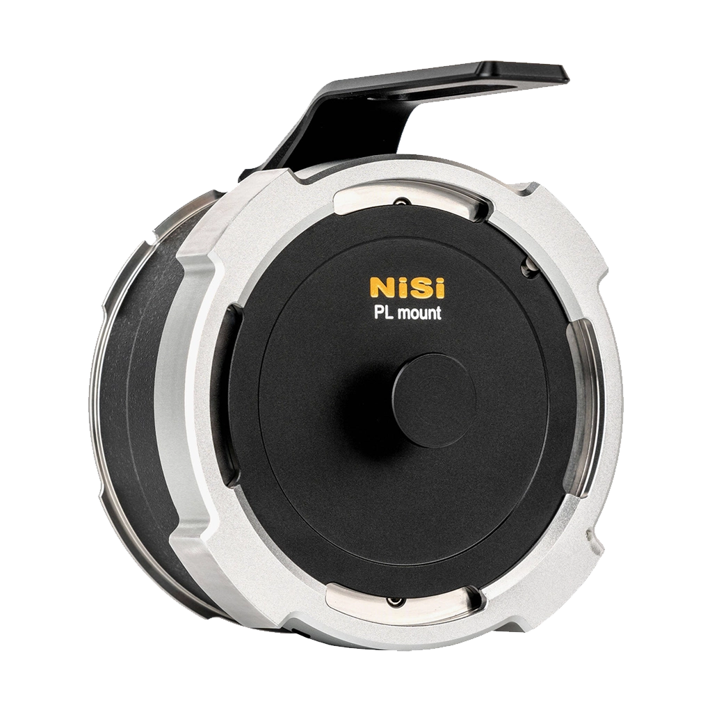 Close-up of a camera lens with a black focus ring, silver body, and a yellow and white label reading 'NiSi PL mount'.