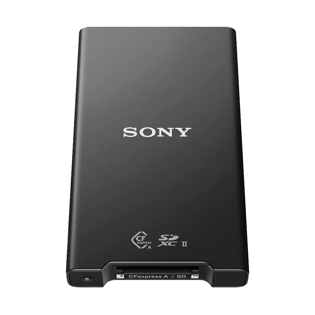 A black Sony portable external hard drive with slots for CF express and SD cards on the bottom edge.