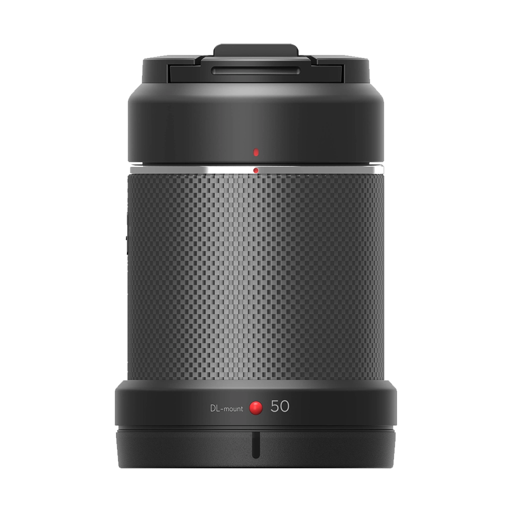 Close-up of a camera lens with a textured black surface, mounted on a camera body, with a silver band around the middle and a small red dot near the bottom marked "DL-mount 50."