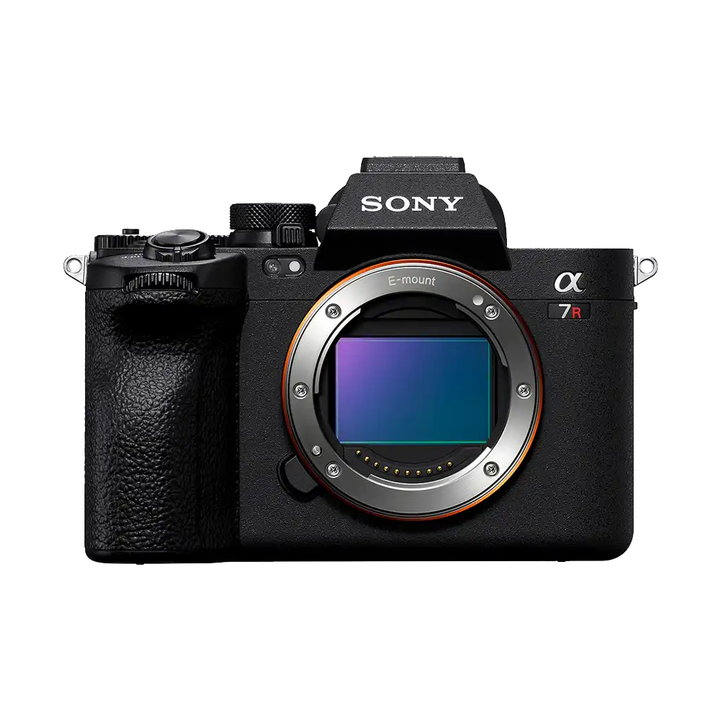 Front view of a Sony Alpha 7R mirrorless digital camera with lens removed, showing the sensor and lens mount. The camera is black with textured grip and controls on top.