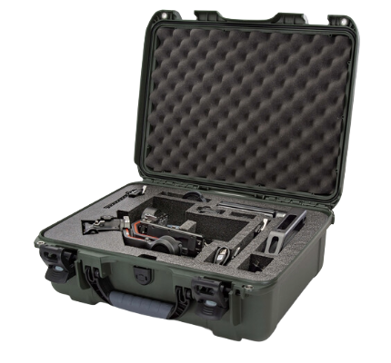 Open hard protective case with foam interior containing various tools and equipment.