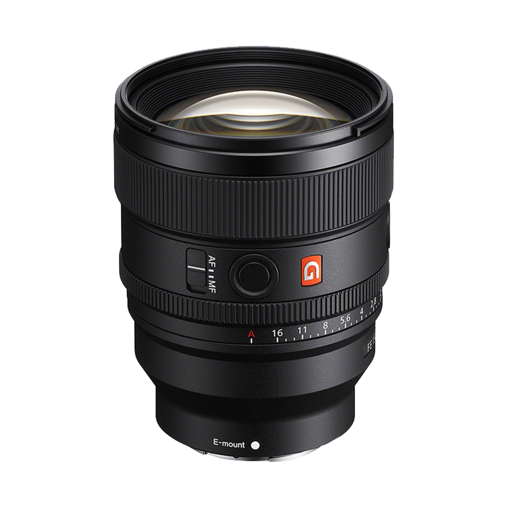 A professional camera lens with a zoom and focus ring, marked with aperture settings, and an 'E-mount' label at the bottom.