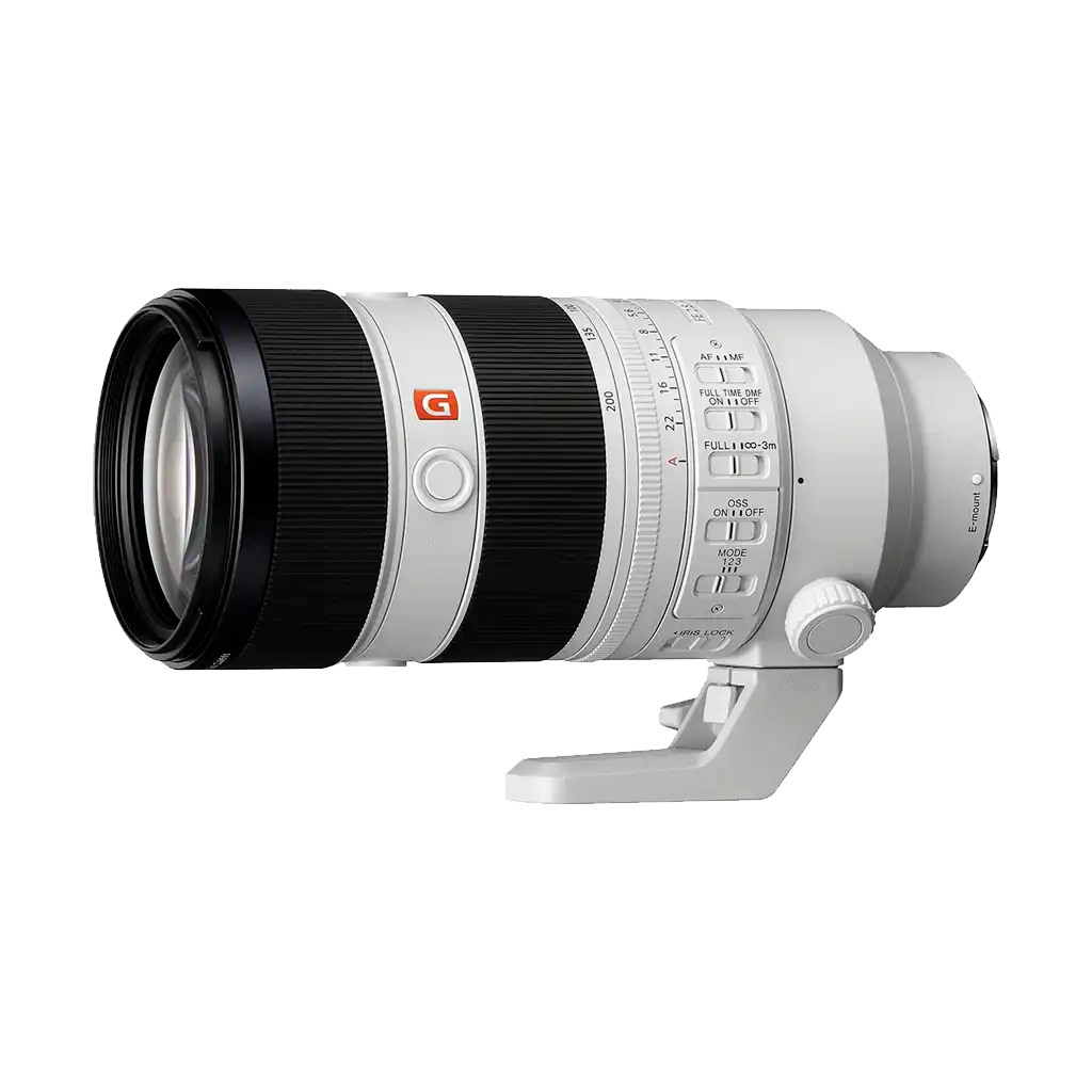 A professional mirrorless camera lens with various control switches side view.