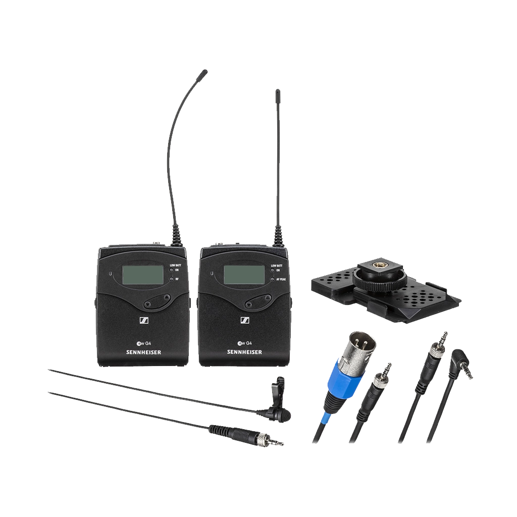 Radio microphone system setup with two wireless transmitters, a receiver, a mounting plate, and various cables.