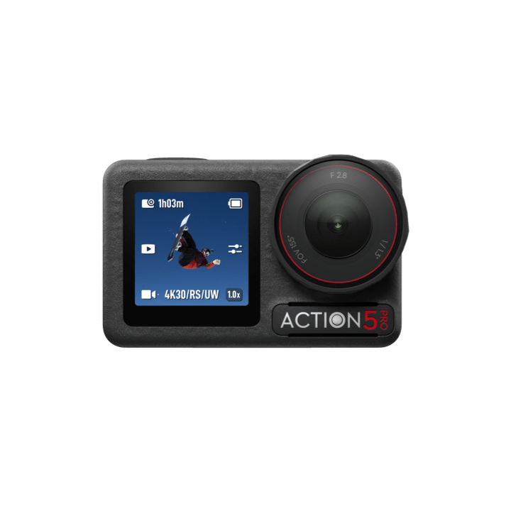 A black action camera with a color screen displaying a person snowboarding, and specifications indicating 4K30 resolution and 10x zoom.