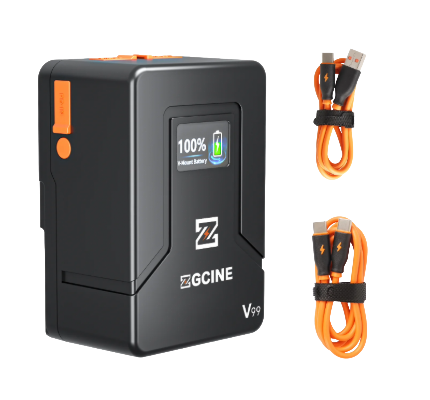 Portable ZGINE V99 power station with digital display showing 100% battery, accompanied by two orange charging cables.