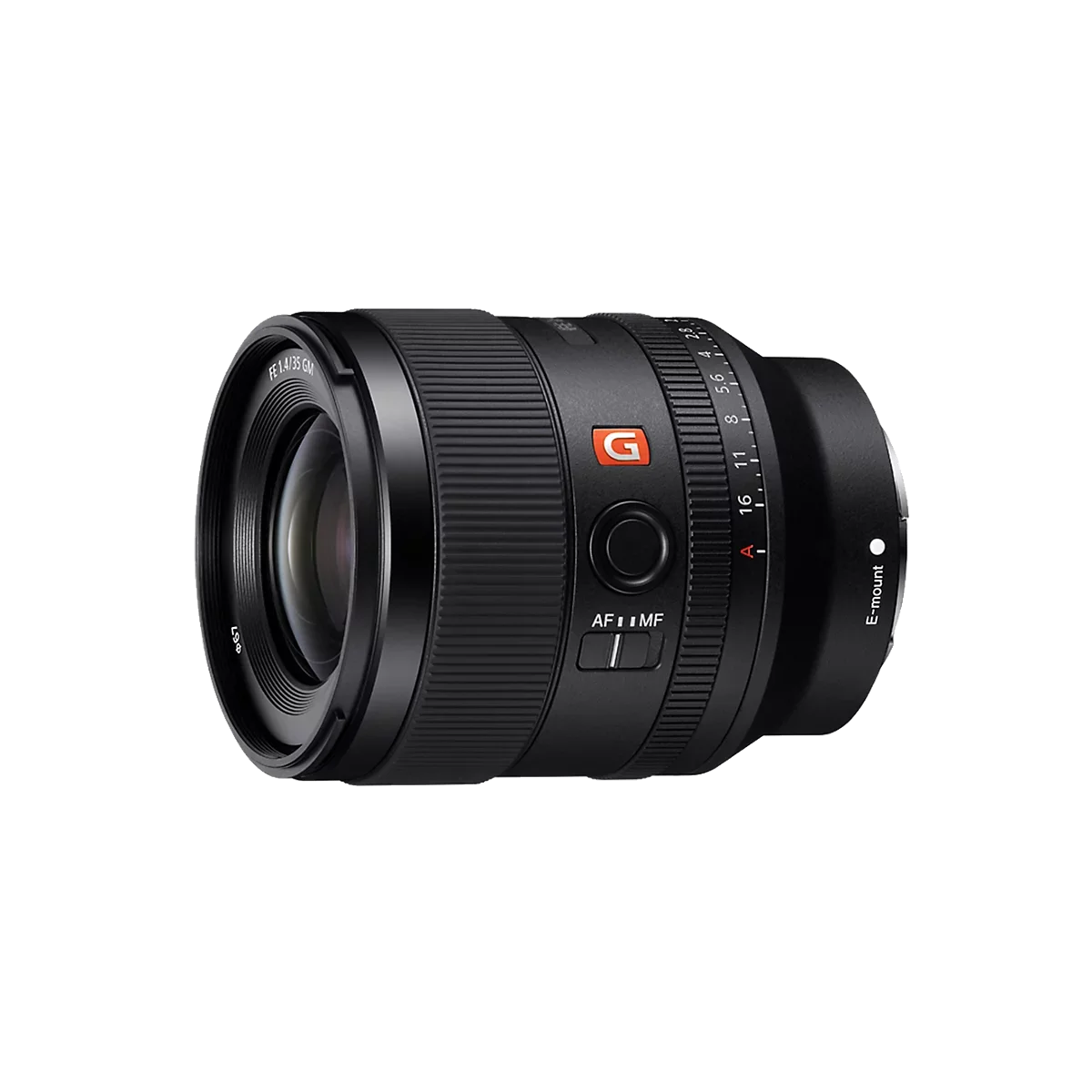 A black Sony camera lens with a red and orange 'G' logo, adjustment ring, autofocus and manual focus switch, and an E-mount interface.