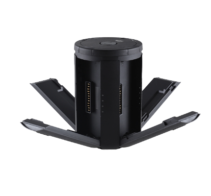 A cylindrical black battery charging station with four foldable charging docks extended outward.
