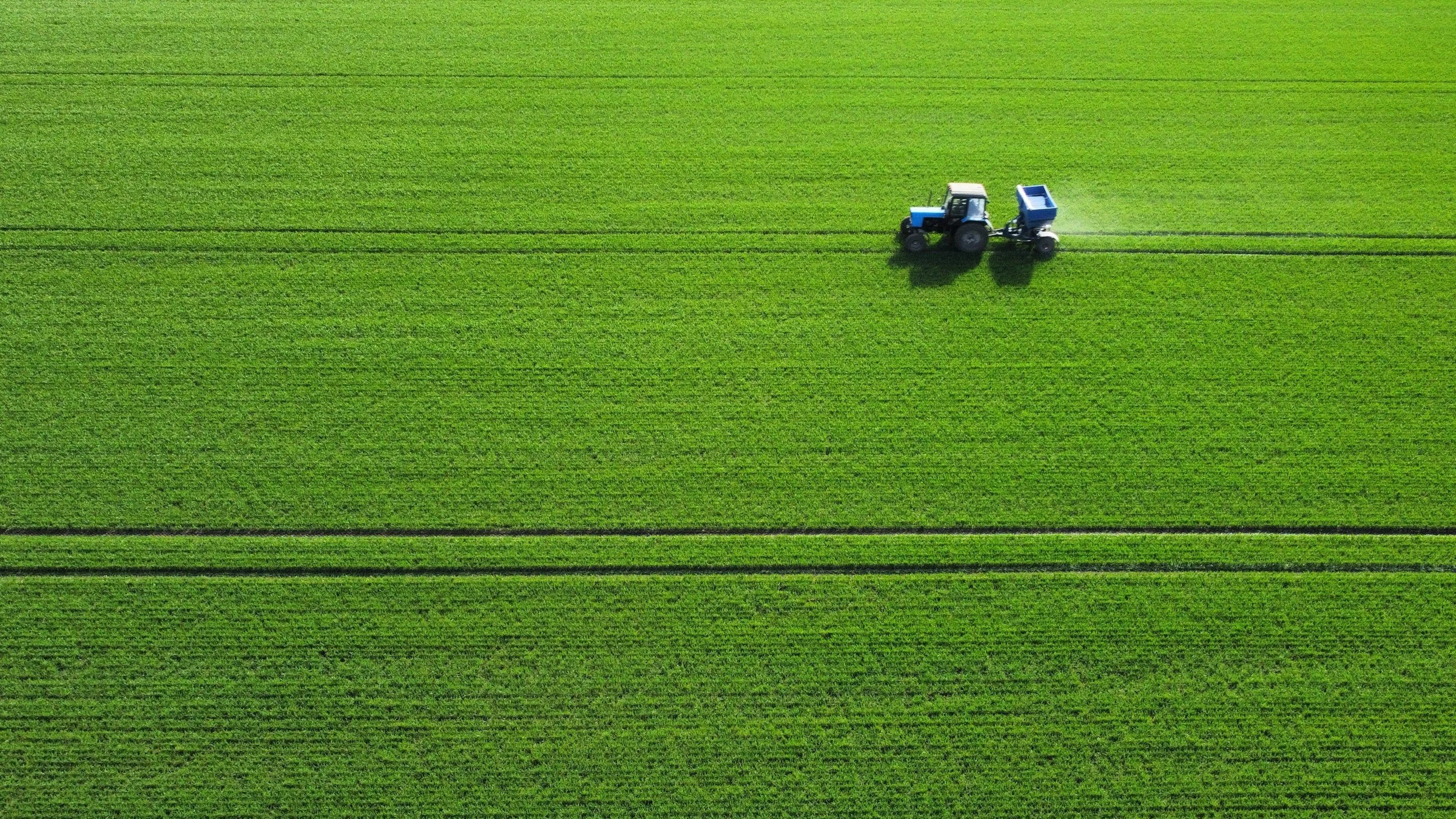Aerial view of a green field with a blue tractor moving through the grass.