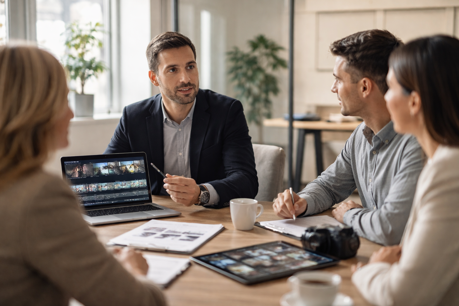 Fem personer i ett möte, man i mitten håller ett penn och pratar. De har laptops, papper, kamera och muggar på bordet. Kaffe muggar, växter och fönster i bakgrunden.