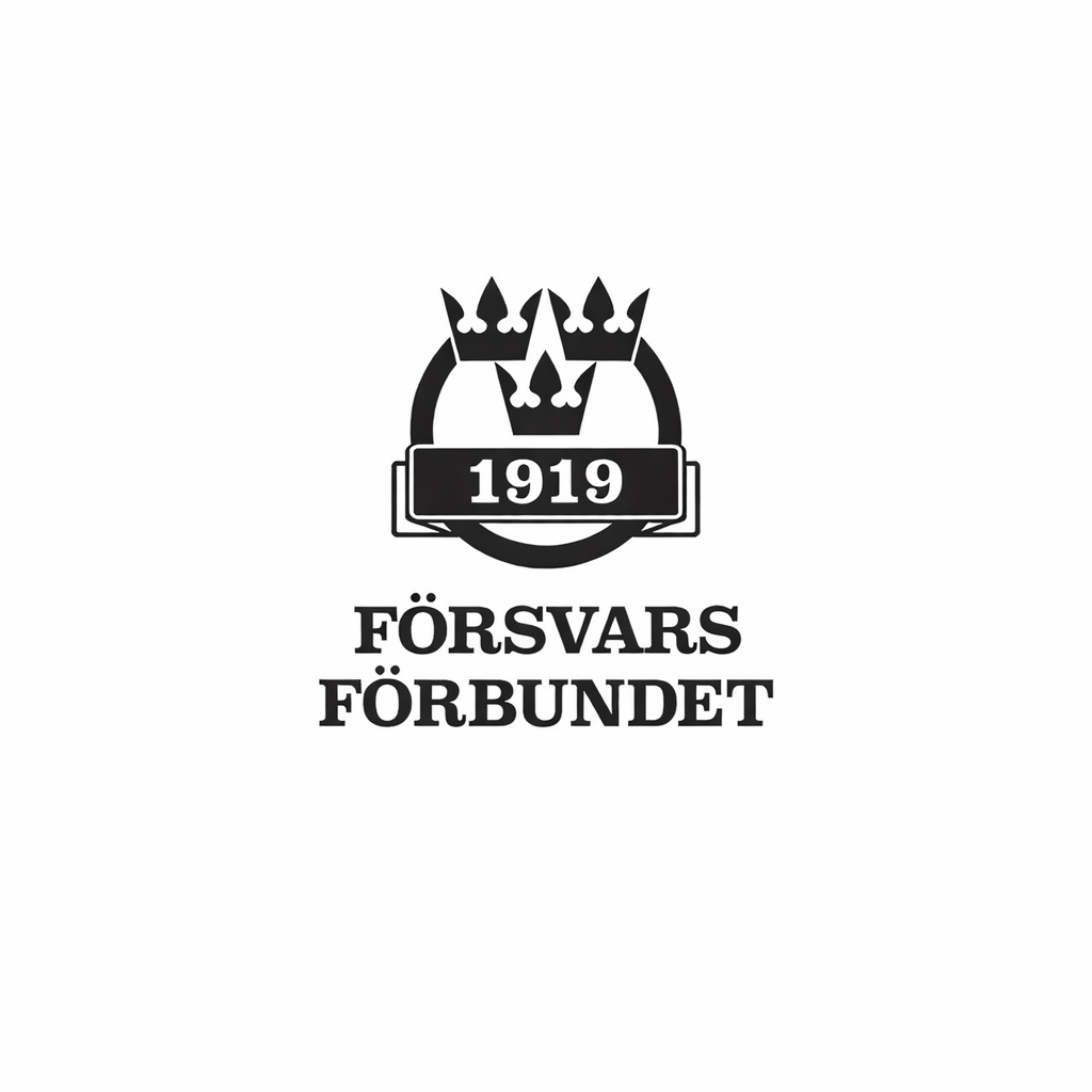 En svart och vit logo för Försvarsförbundet med tre kungakronor och året 1919.