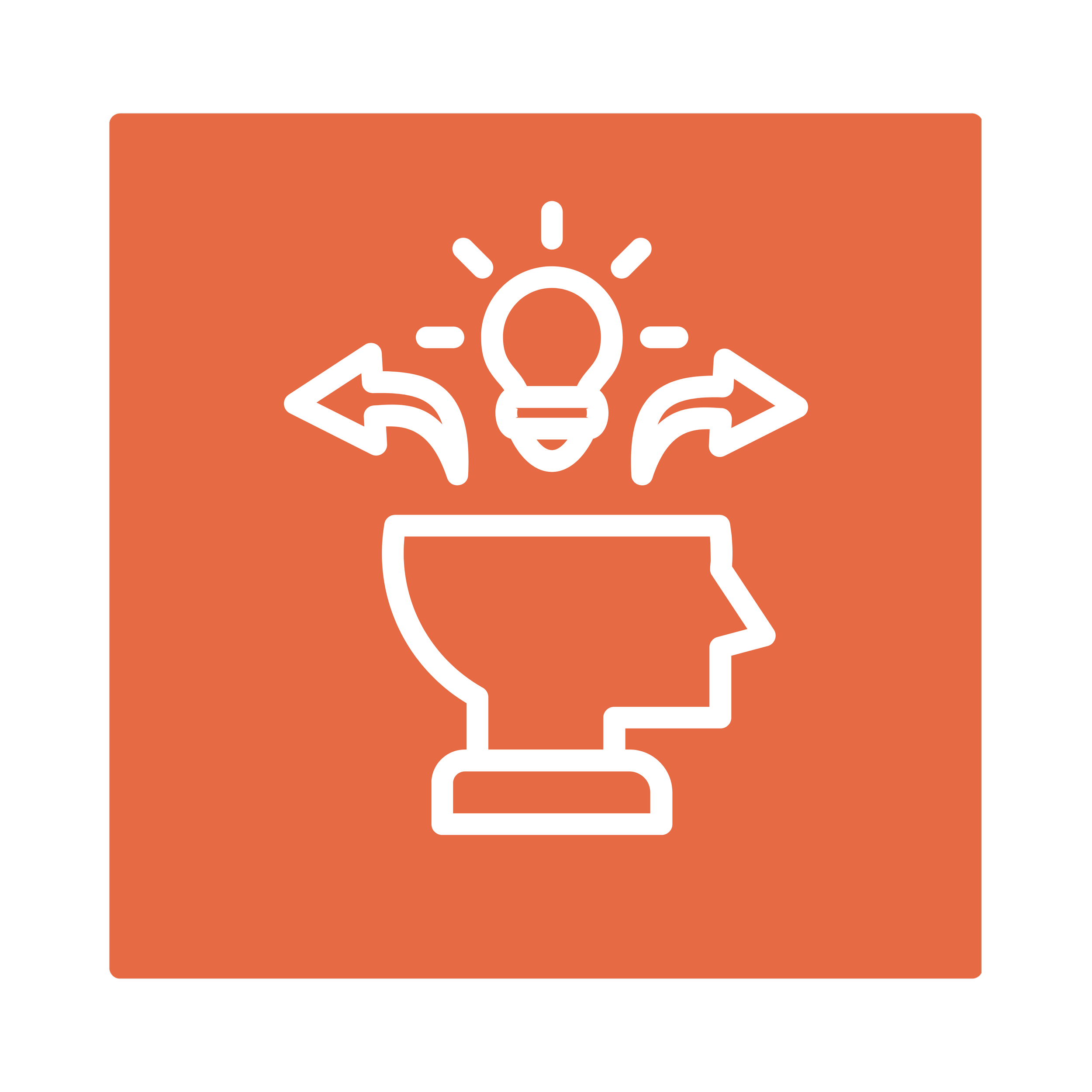 Sign with a white figure of a person and a light bulb above their head on an orange background, indicating ideas or innovation.