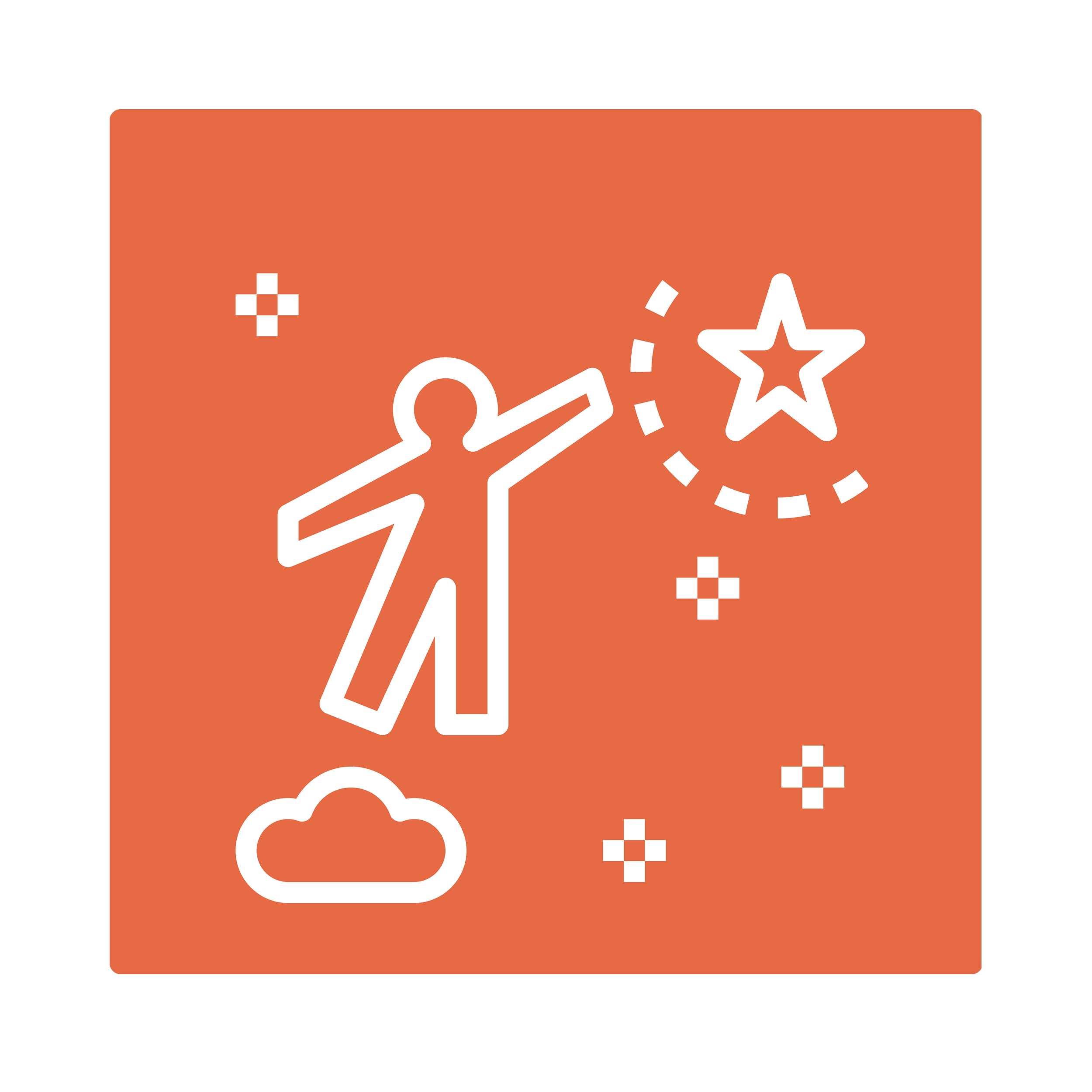 Orange background with white graphic elements including a plus sign, a star, and a potion bottle outline.