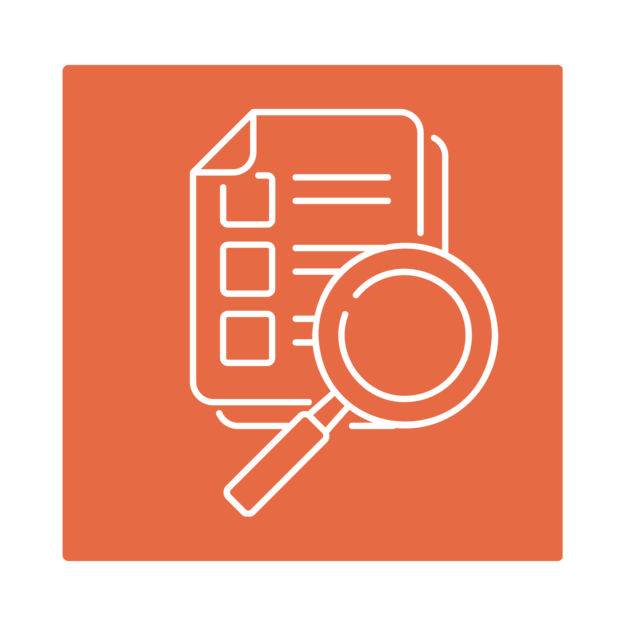 Illustration of a hand holding a magnifying glass over a machine, with an orange background.