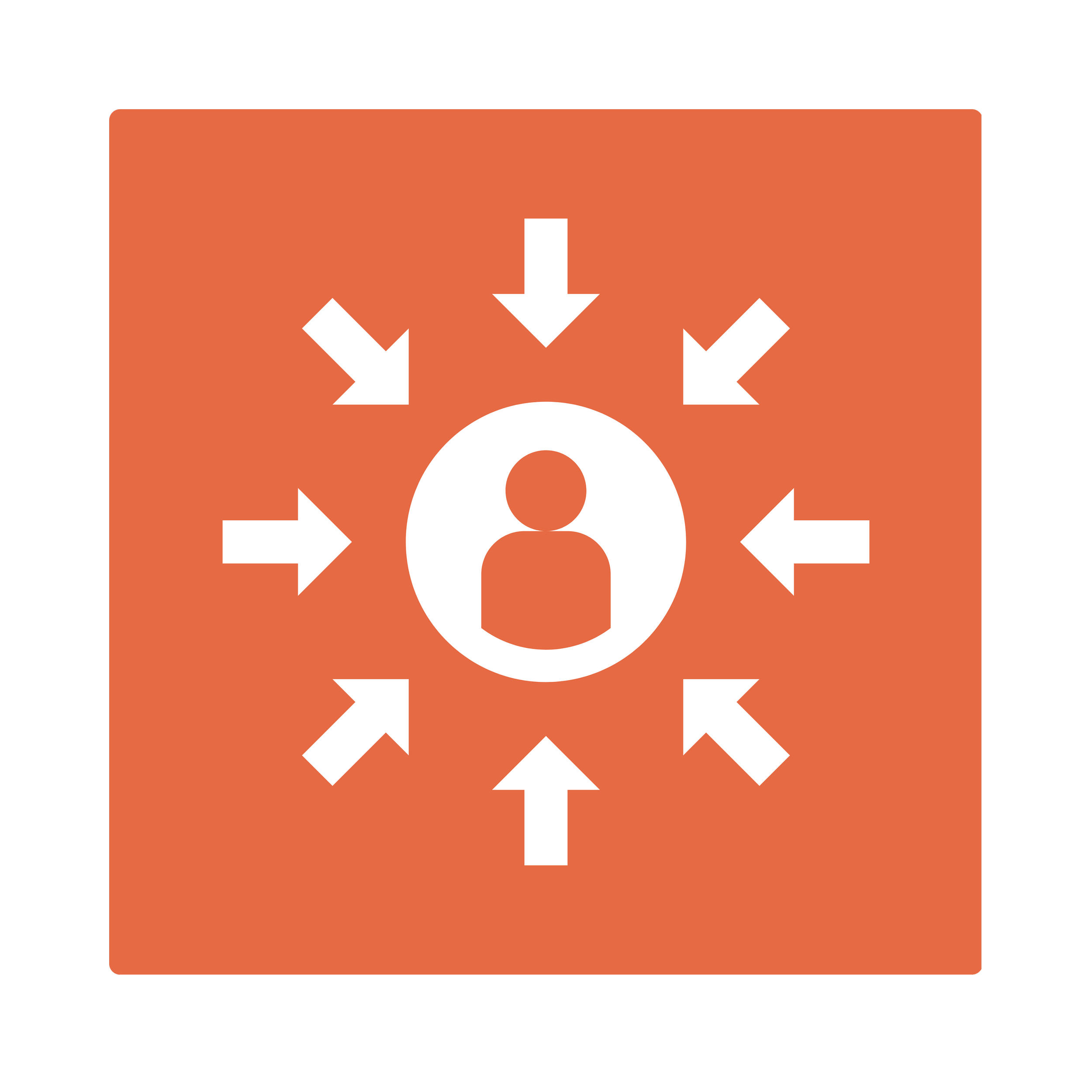 Sign with white arrows pointing toward a white circle with a white dot at the center on an orange background.