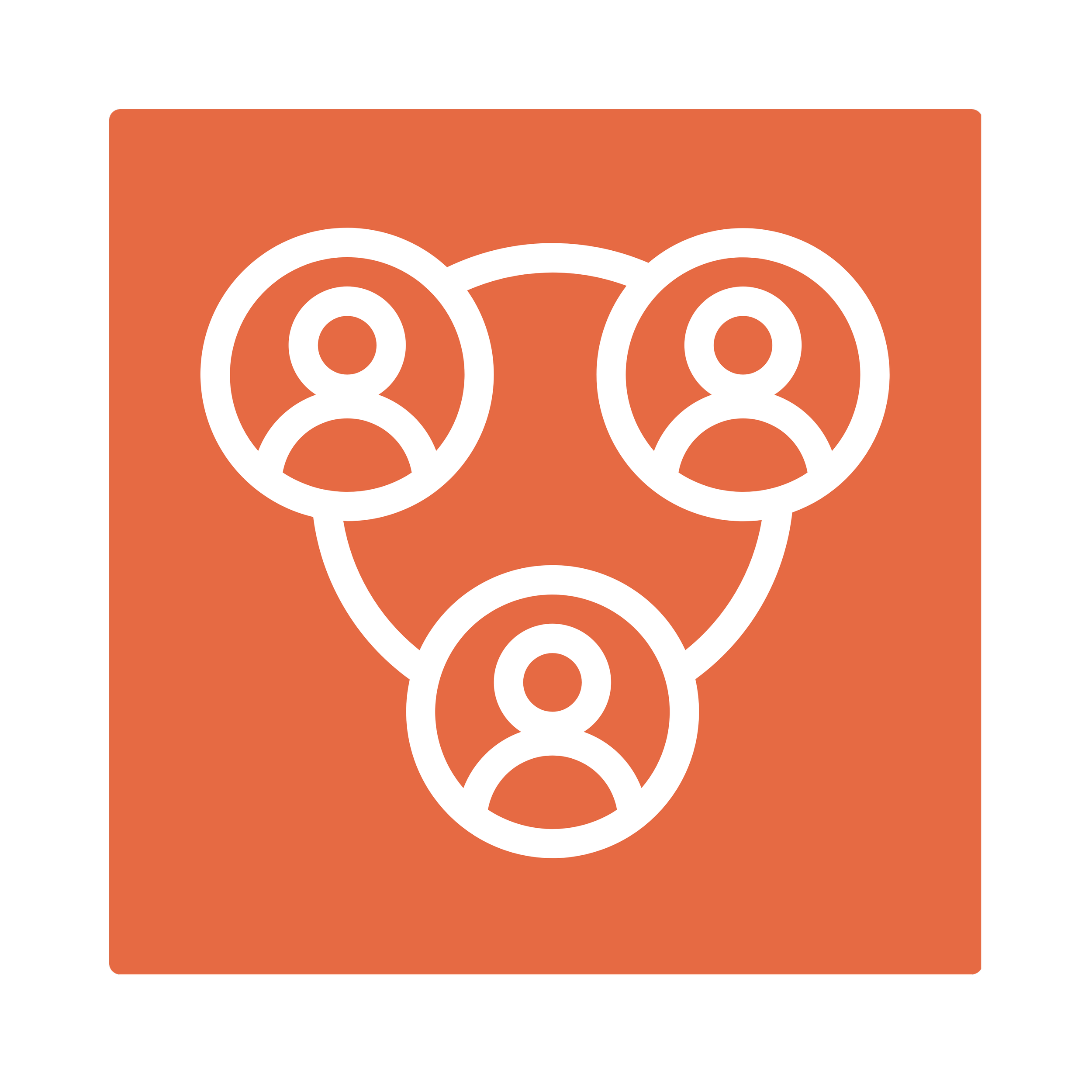 Logo with three white circles in a triangle formation on an orange background.