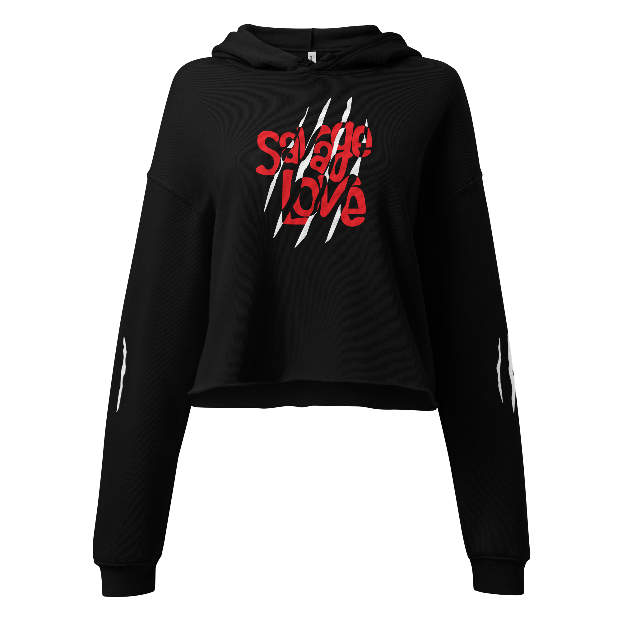 Womens cropped hoodie black with Savage Love written in red and white