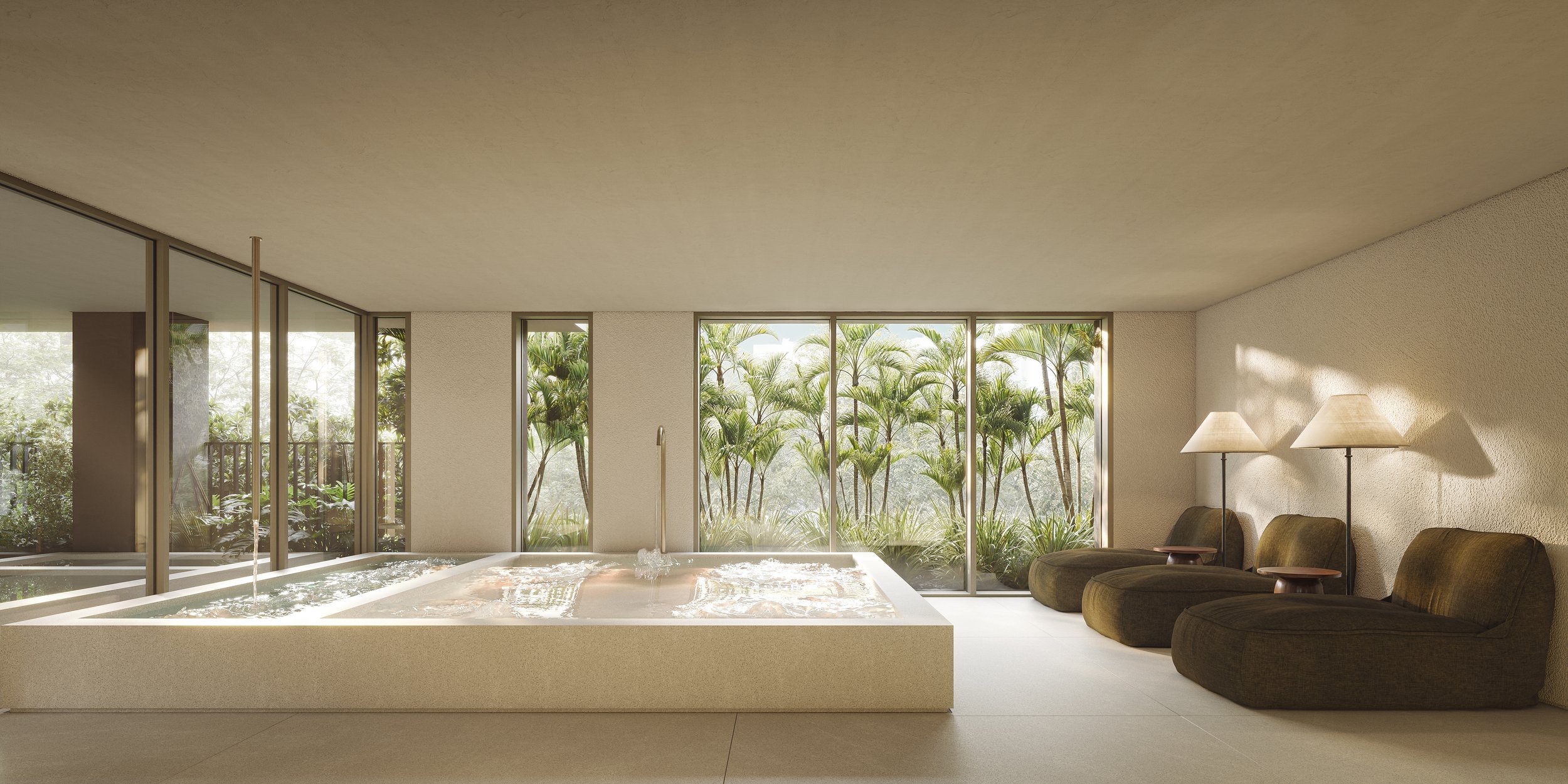 Modern indoor spa room with a rectangular hot tub, large glass windows facing a lush garden, and comfortable seating with lamps.