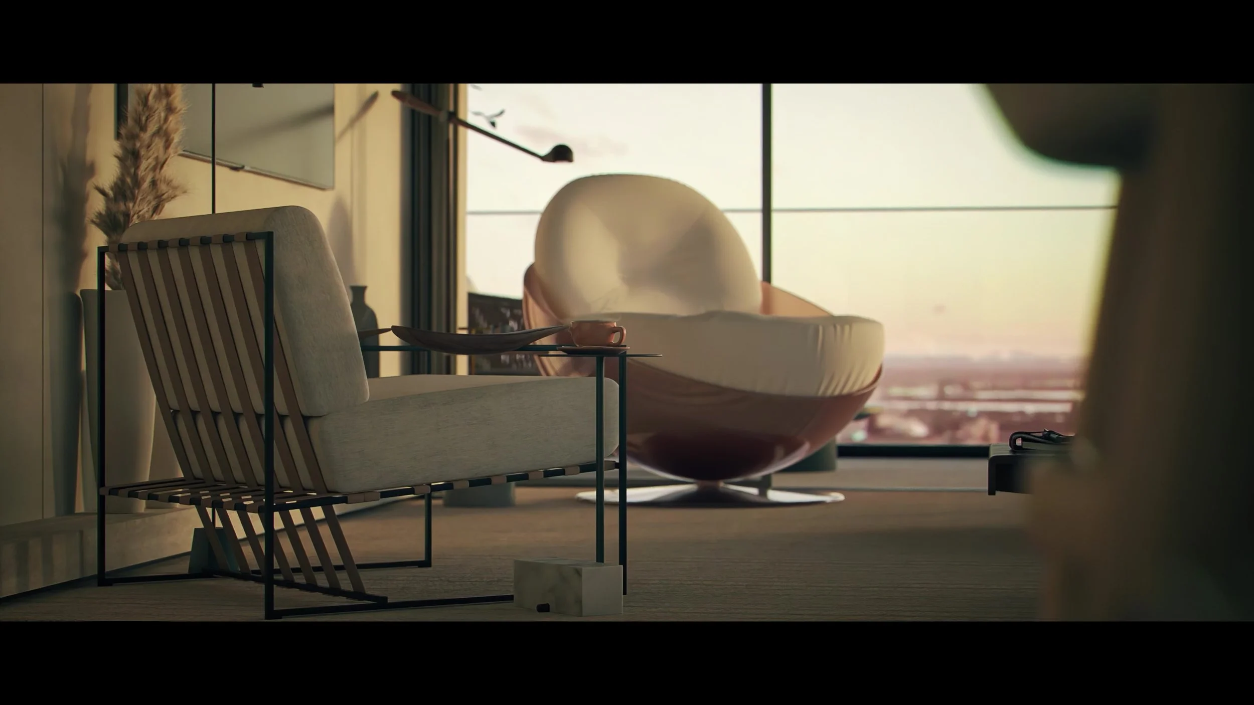 Modern living room with round egg-shaped chair, beige armchair, side table, and large windows with city view.